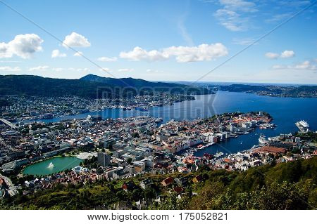 areal view of bergen and its harbor in norway on a sunny day
