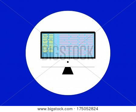 Monitor, mono block, computer isolated flat icon on blue background