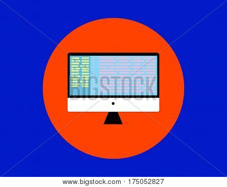 Monitor, mono block, computer isolated flat icon on blue background