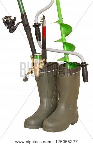Fishing concept: fishing rods and hand ice drill in rubber boots on a white background