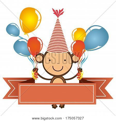 color monkey with bolloons in the hands party and red ribbon icon, vector illustraction