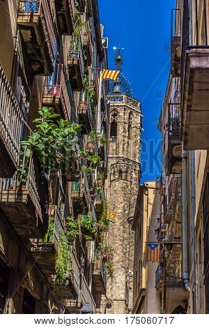 Bell Tower Of Cathedral of the Holy Cross and Saint Eulalia - Barcelona Catalonia Spain Europe
