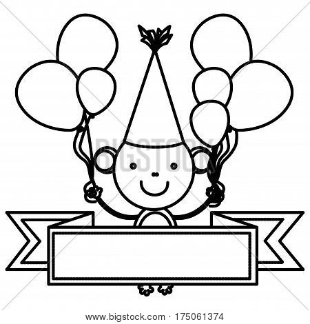silhouette monkey with bolloons in the hands party and red ribbon icon, vector illustraction