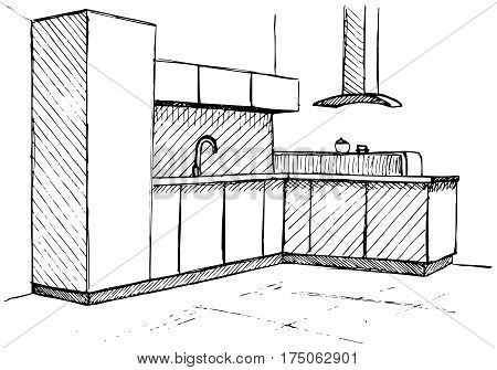 Kitchen sketch plan. Hand made vector illustration.