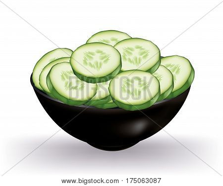 Slices of cucumber ina bowl on white background