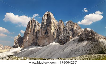 View of Drei Zinnen or Tre Cime di Lavaredo with beautiful cloud on sky Sextener Dolomiten or Dolomiti di Sesto South Tirol Dolomites mountains Italien Alps