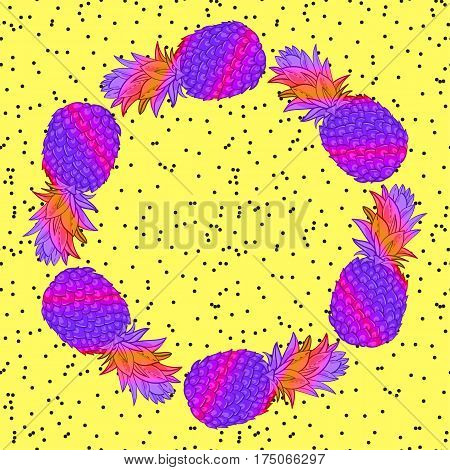 Pineapple creative trendy art wreath. Neon colors, fashionable style memphis, neofank, rave Vector. Isolated. Print on T-shirt, cover, bag. Logo for trend cafe, bar