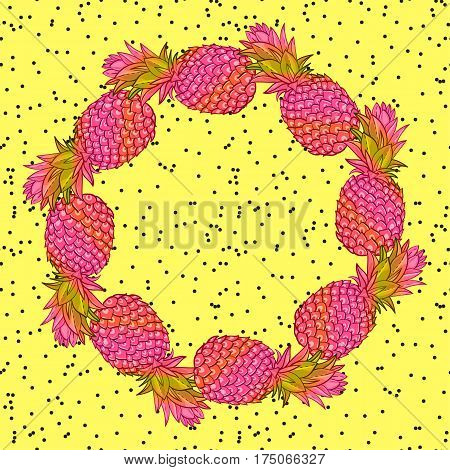 Pineapple creative trendy art wreath. Neon colors, fashionable style memphis, neofank, rave Vector. Isolated. Print on T-shirt, cover, bag. Logo for trend cafe, bar