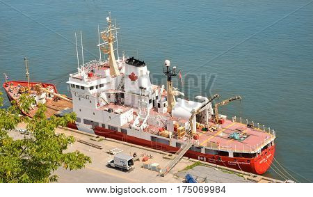 QUEBEC, CANADA - AUGUST 20, 2014: Fishing red boat View from above