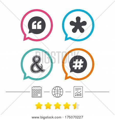 Quote, asterisk footnote icons. Hashtag social media and ampersand symbols. Programming logical operator AND sign. Speech bubble. Calendar, internet globe and report linear icons. Star vote ranking