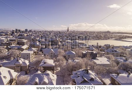 Aerial image of Reykjavik the capital of Iceland after heavy snowfall in winter