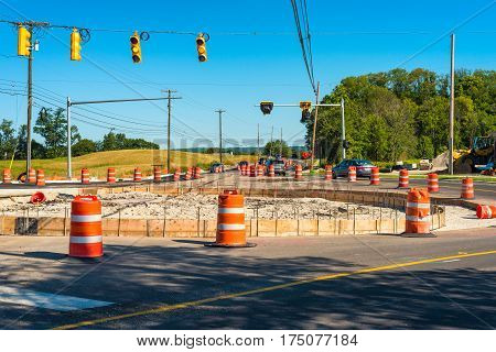 Construction of a new roundabout or traffic circle in a NE Ohio suburban intersection