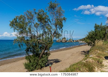 Panoramic view of Porto Kaminia beach, Zakynthos island, Greece