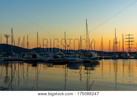 SOZOPOL, BULGARIA - JULY 11, 2016: Amazing Sunset at the port of Sozopol, Burgas Region, Bulgaria