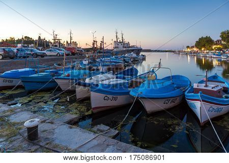 SOZOPOL, BULGARIA - JULY 11, 2016: Amazing Sunset at the port of Sozopol, Burgas Region, Bulgaria