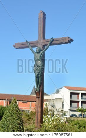 A clay carved statue of the Crucifixion of Jesus Christ