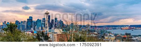 Seattle Skyline Panorama At Sunset From Kerry Park In Seattle