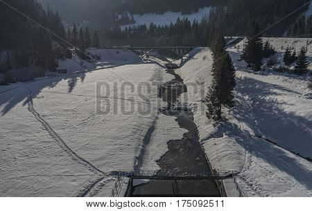 Winter Cold Morning Near Palcmanska Masa Reservoir With Bridge
