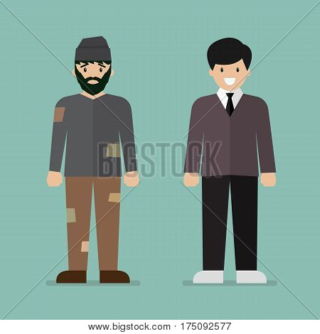 Homeless man and rich man character. Vector illustration