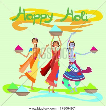 Happy Holi Religious India Holiday Traditional Celebration Greeting Cart Flat Vector Illustration