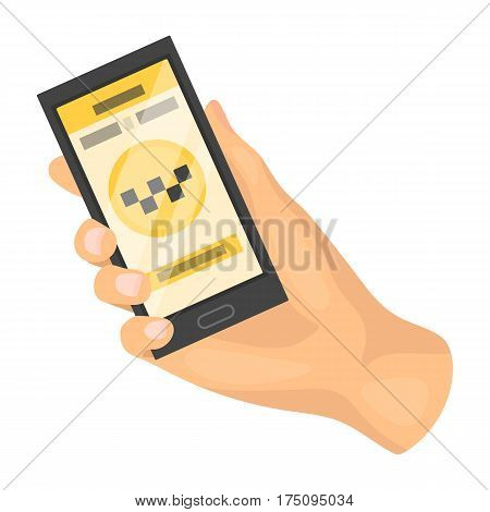Hand holding a phone to call for order taksi.Programm car taxi online. Taxi station single icon in cartoon style vector symbol stock web illustration.