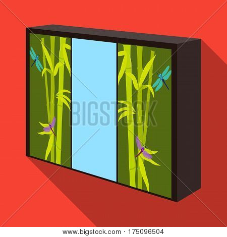 Wardrobe with mirror and green doors. the place for clothes.Bedroom furniture single icon in flat style vector symbol stock web illustration.