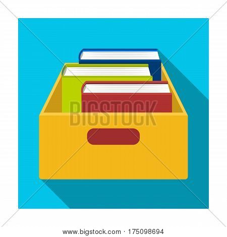 Books in box icon in flat design isolated on white background. Library and bookstore symbol stock vector illustration.