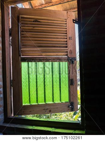 Vintage Retro Window Of Wooden Oriental House stock photo