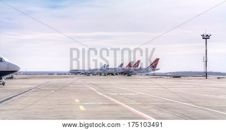 RUSSIA EKATERINBURG - March 24.2015: Koltsovo Airport. Parking of aircraft on the flight field