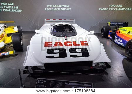 Los Angeles CA USA - March 4 2017: White 1993 AAR-Toyota Eagle MK III GTP number 99 at the Petersen Automotive Museum in Los Angeles California United States. Editorial only.