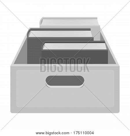 Books in box icon in monochrome design isolated on white background. Library and bookstore symbol stock vector illustration.