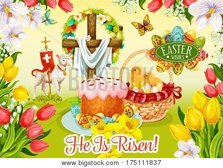 Easter Day wishes greeting card. Easter egg and cake, egg hunt basket with chicken chicks, cross with floral wreath and lamb of God on grass meadow poster, edged with flowers of tulip, lily, narcissus