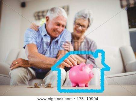 Digital composition of senior couple insert coins in piggy bank against house outline