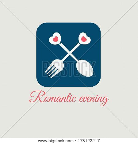 Icon romantic evening. Crossed fork and spoon with hearts on ends. Logo cafe. Vector illustration.