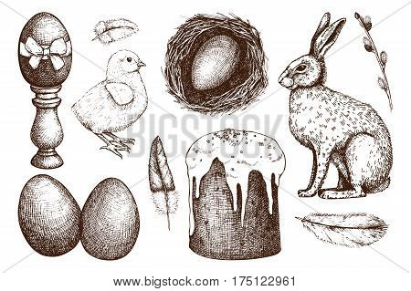 Vector collection of cute retro illustrations for easter design. Happy Easter Day design elements. Vintage hand drawn sketch set