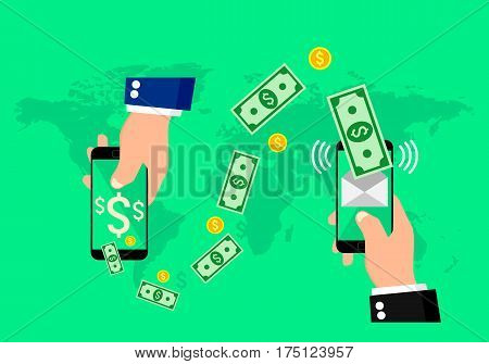 Hands holding smart phones with banking payment apps.