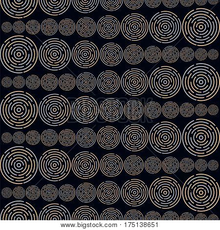 Seamless pattern with different size circles in geometric order forming horizontal lines on dark background. Stock vector illustration for wallpaper backdrop textile fabric.