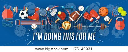 Set of sport balls and gaming items at a blue background. Healthy lifestyle tools, elements. Vector Illustration