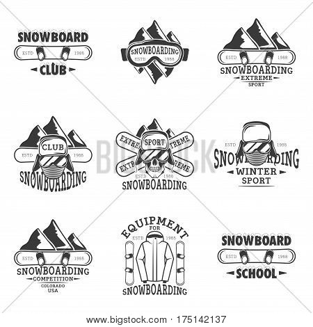 Snowboarding, extreme sport, equipment for snowboard, snowboard club, school set of vector vintage emblems, labels, badges and logos in monochrome style on white background