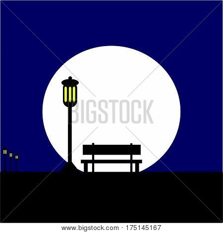 Bench with lamp at night with moon. Vector Illustration.