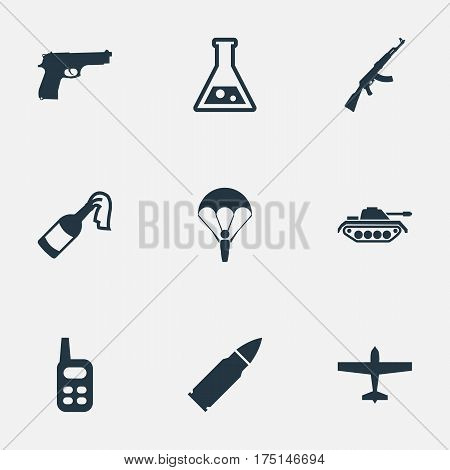 Vector Illustration Set Of Simple Battle Icons. Elements Air Bomber, Ammunition, Paratrooper And Other Synonyms Weapon, Communication And Gun.