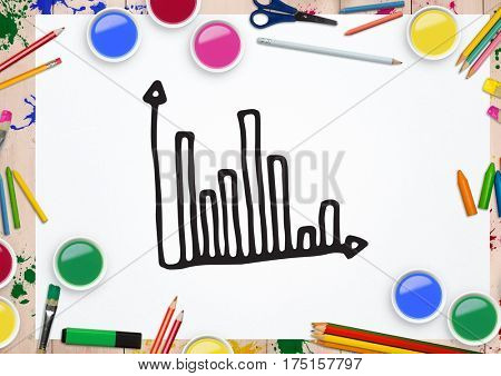 Digital composite image of hand drawn bar graph with various water colors and coloring pencil on white background