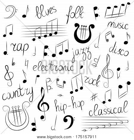 Hand Drawn Set of Music Symbols and Styles. Doodle Treble Clef Bass Clef Notes and Lyre. Lettering of Blues Electronic Jazz Rap Disco Folk Country Rock Classical. Vector Illustration.