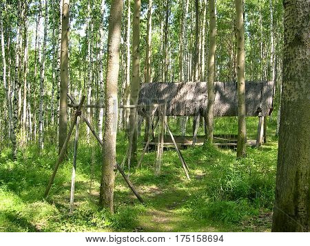 The Evenk settlement in the pine forest. Lake Baikal, Russia