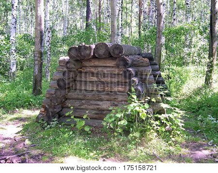 Evenk burial in the form of a deaf log. The Evenk settlement in the pine forest. Lake Baikal, Russia