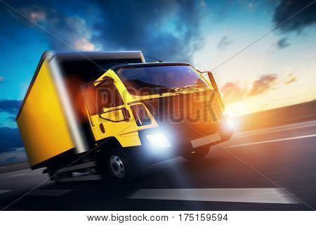 Commercial cargo delivery truck with trailer driving on highway at sunset. Generic, brandless vehicle design. 3D rendering