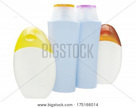 bottles of shampoo and shower gel cosmetic set
