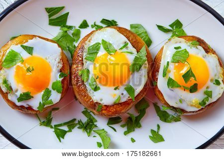 Tapas mushrooms with quail eggs from Spain pinchos pintxos