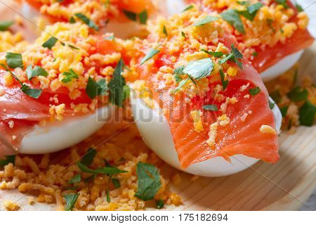 Filled eggs with salmon pinchos tapas from Spain recipes pintxos