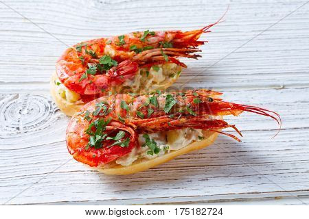 Shrimp pinchos with seafood Spain tapas recipe food pintxos